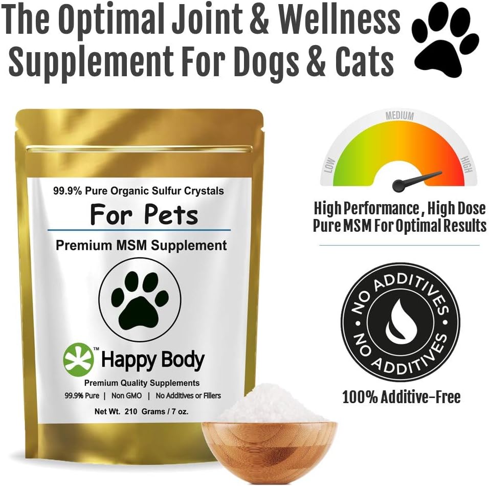 HAPPY BODY Pure MSM Joint Supplement for Dogs, Cats, & Horses – 100% Additive-Free – High Performance, Supports Senior Pets Wellness, Healthy Joints, Mobility, Aches, & Fatigue 7oz - 3 Packs