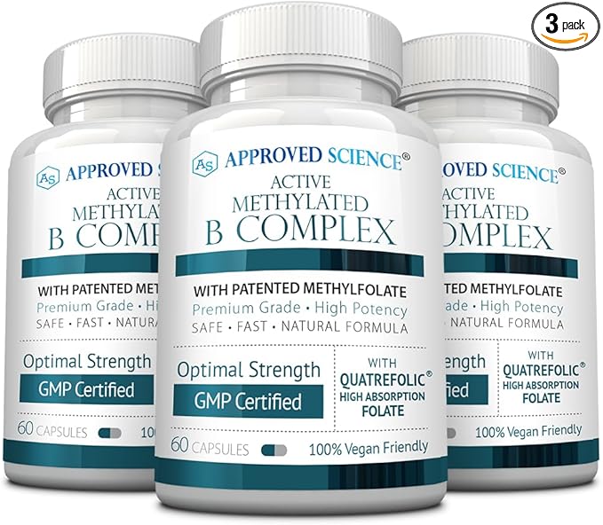 Approved Science Methylated B Complex – Full-Spectrum B-Vitamins, Quatrefolic Folate (5-MTHF), Choline, Betaine - 60 Capsules - Pack of 3
