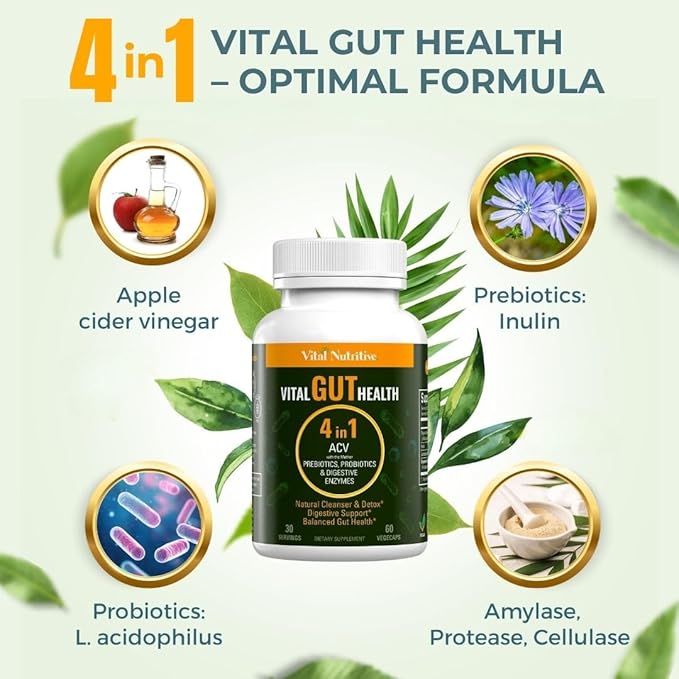 Vital Gut Health 4in1 Formula with Apple Cider Vinegar, Prebiotics & Probiotics, Digestive Enzymes for Strong Immunity Support and Complete Gut and Digestion Support- 60 Days Supply