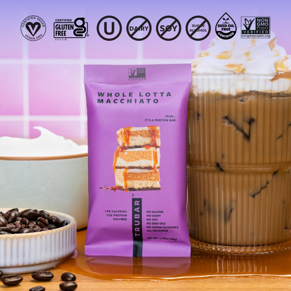 TRUBAR Vegan Protein Bar, Whole Lotta Macchiato, Gluten Free, Plant Based Protein, Dairy Free, Non GMO, Soy Free, No Sugar Alcohols, 12G Protein, 12G Fiber, 23G Carb, On the Go Snack Bars, 12 CT
