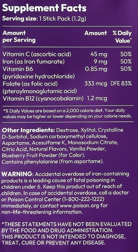 Go Wise Iron Powder - 14 Stick Packs with Vitamin C, B6, B12 and Folic Acid for Direct Consumption, No Water Needed - Gentle Iron Supplement for Women and Adults - Pack of 3