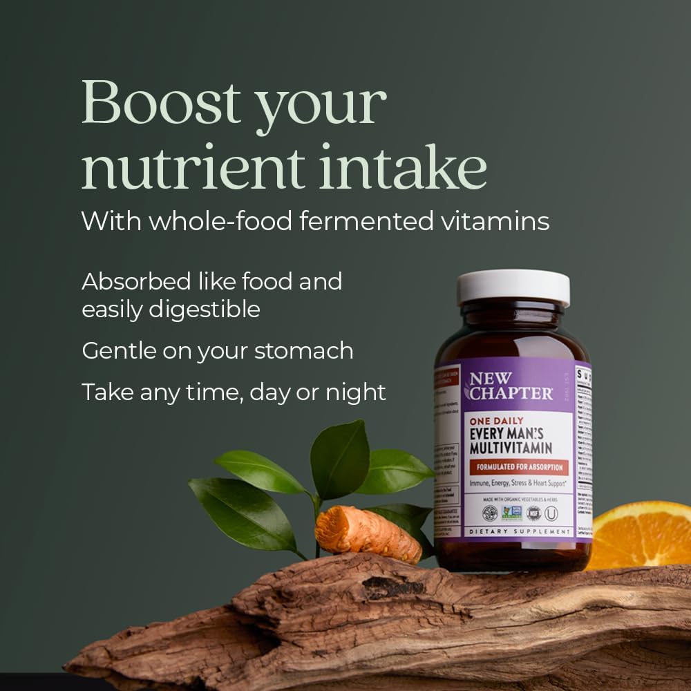 New Chapter Men's Multivitamin for Immune, Stress, Heart + Energy Support with Fermented Nutrients - Every Man's One Daily, Made with Organic Vegetables & Herbs, Non-GMO, Gluten Free - 48 ct