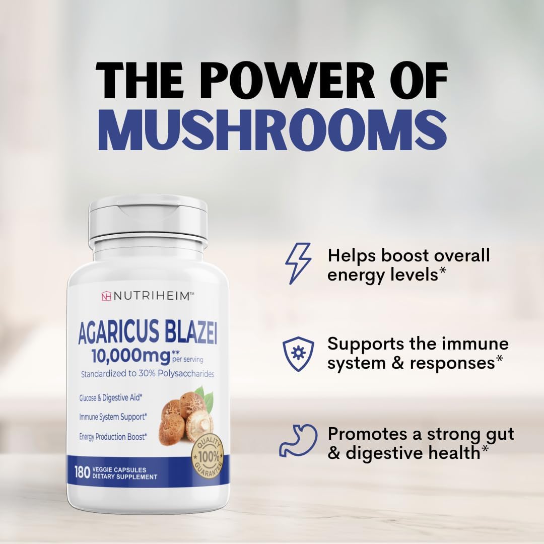 Agaricus Blazei Organic Mushroom Extract for Immune & Energy Support - 30% Polysaccharides & 180 Veggie Capsules - Non-GMO, Gluten-Free, Vegan-Friendly Supplement