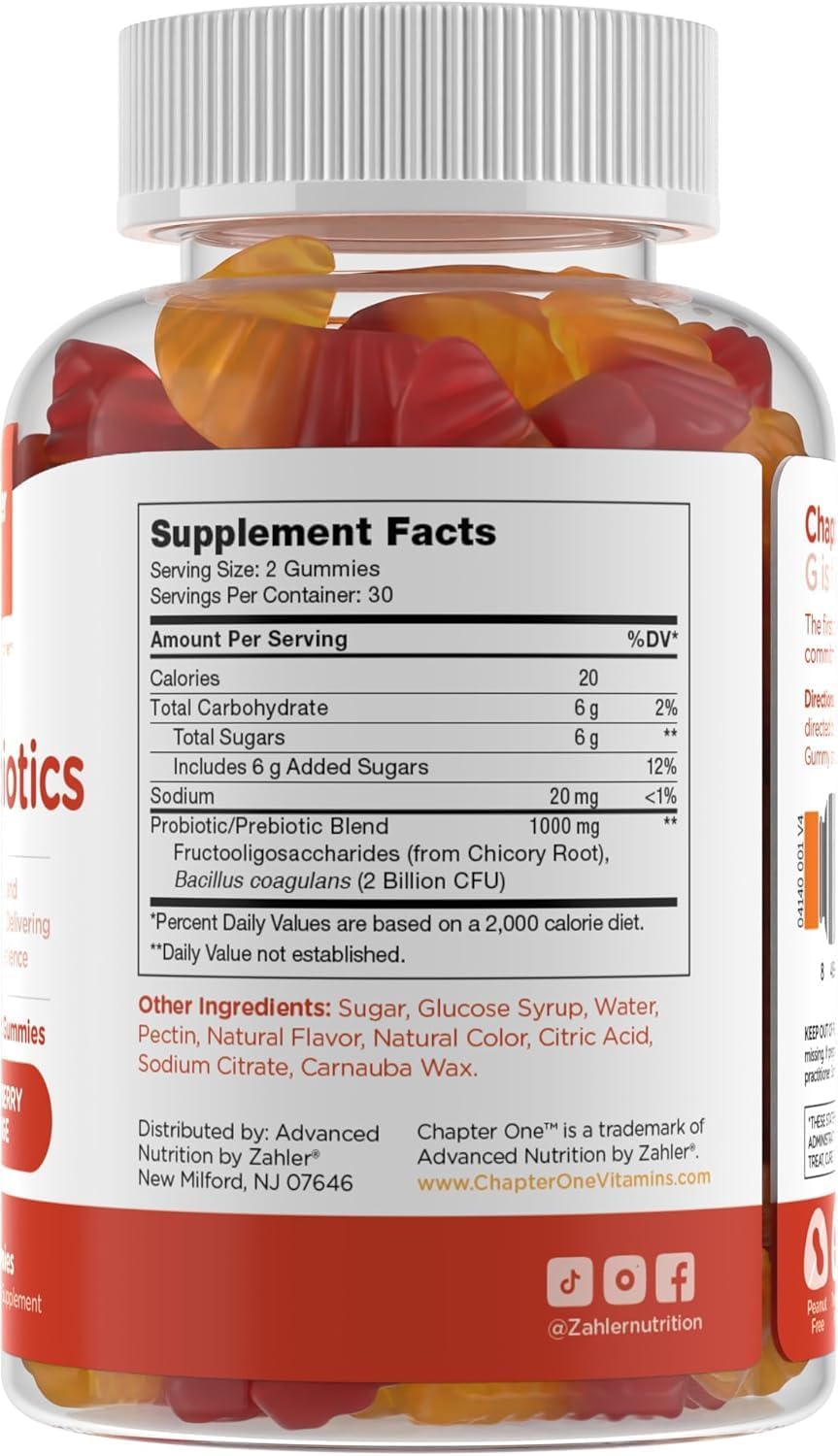 Zahler Chapter One Probiotic Gummies, with a Prebiotic and Probiotic Blend, Delivering a synbiotic Experience, Raspberry and Orange Flavored Gummies, 60 Count.