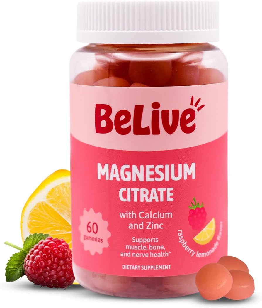 BeLive Magnesium Citrate Gummies with Calcium and Zinc for Adults and Kids - High Absorption Magnesium Supplement for Cognitive, Bone, Muscle and Nerve Health - Raspberry Lemonade - 60 Count