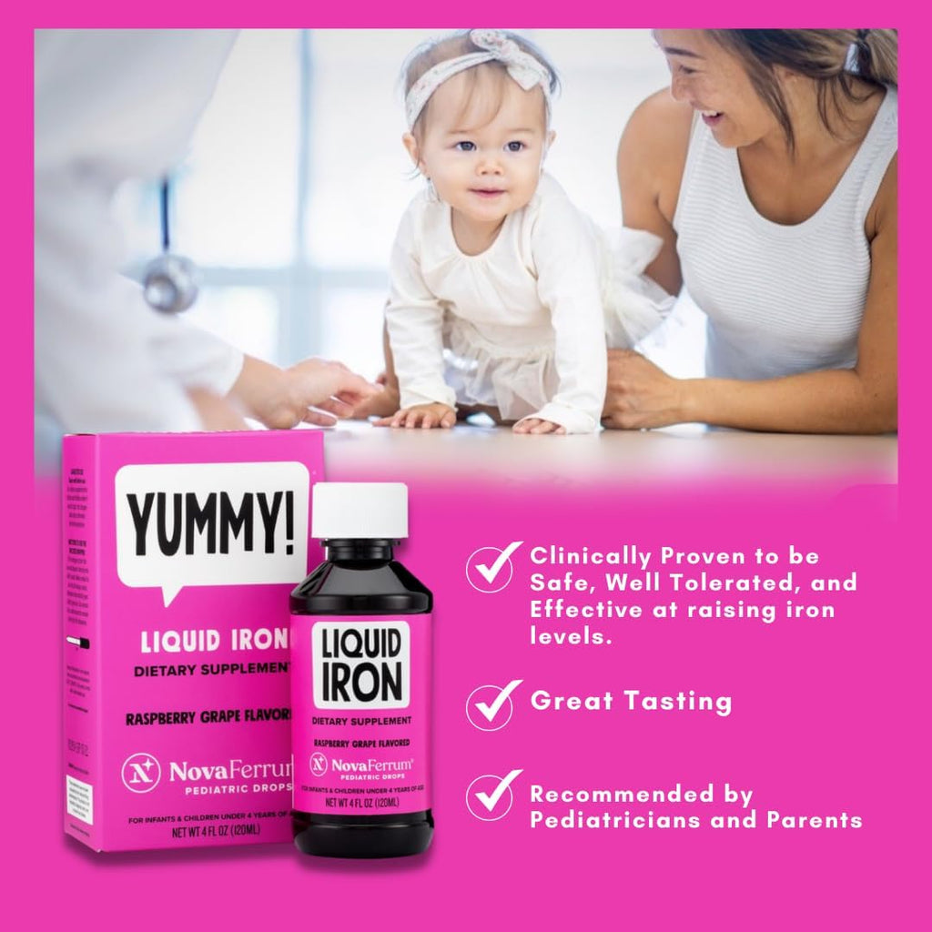 NovaFerrum Yummy | Pediatric Drops Liquid Iron Supplement for Infants and Toddlers | Liquid Iron for Kids | 15mg of Iron Per 1mL Dose | Ages 4 & Under | Gluten Free Certified | Sugar-Free | Raspberry