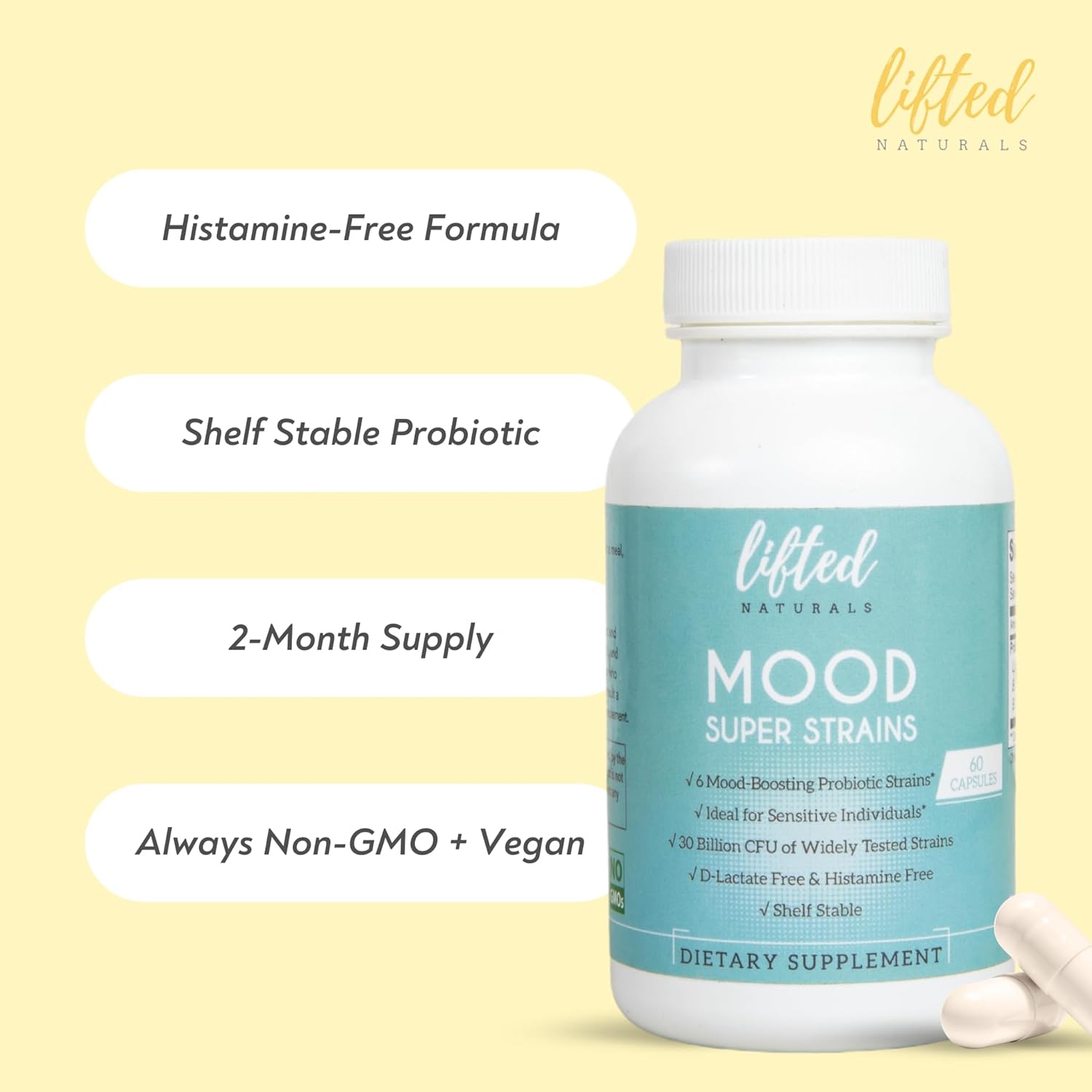 Probiotics - Mood Super Strains Probiotic - Naturally Supports Digestion & Mood - Histamine-Free Probiotics w/ L Rhamnosus GG, Shelf Stable Probiotic Supplement, 60 Day Supply, Non-GMO, VEGAN
