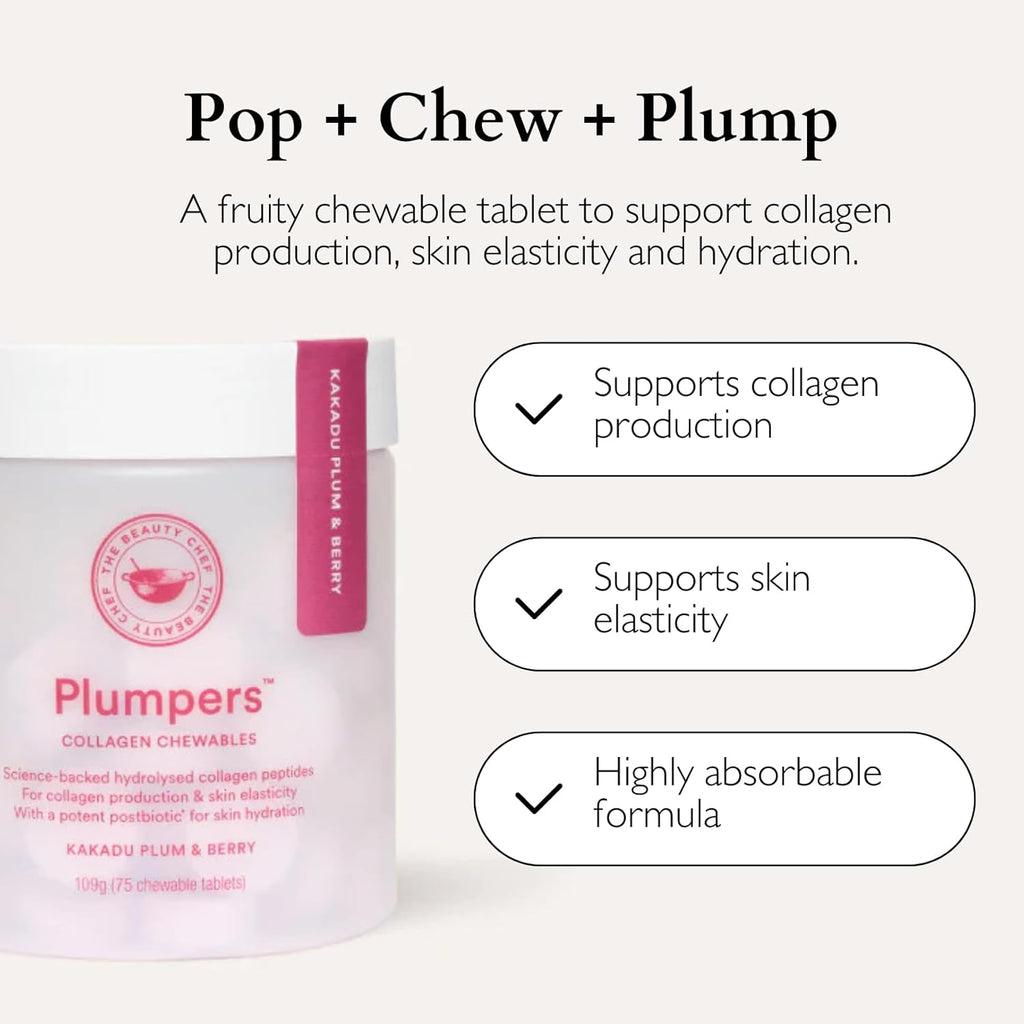 The Beauty Chef Plumpers™ Collagen Chewable Tablets with Hyaluronic Acid & Postbiotic, Supports Skin Elasticity & Collagen, Women's Multivitamin, Collagen Peptides, 75 Tablets