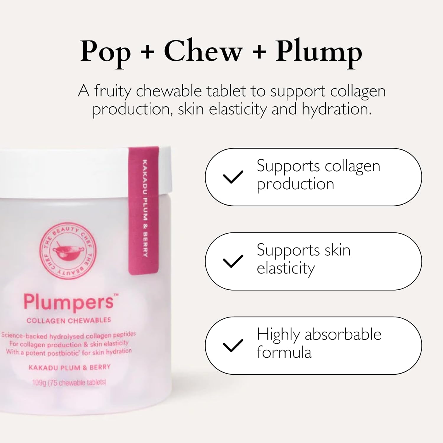 The Beauty Chef Plumpers™ Collagen Chewable Tablets with Hyaluronic Acid & Postbiotic, Supports Skin Elasticity & Collagen, Women's Multivitamin, Collagen Peptides, 75 Tablets