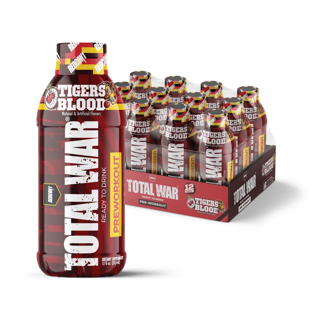 REDCON1 Total War Ready to Drink Pre Workout - Endurance Boosting, Keto Friendly RTD Formula - Amino Acid + Citrulline Malate Pre Workout Drink for Men & Women (Tiger's Blood, 12 Servings)