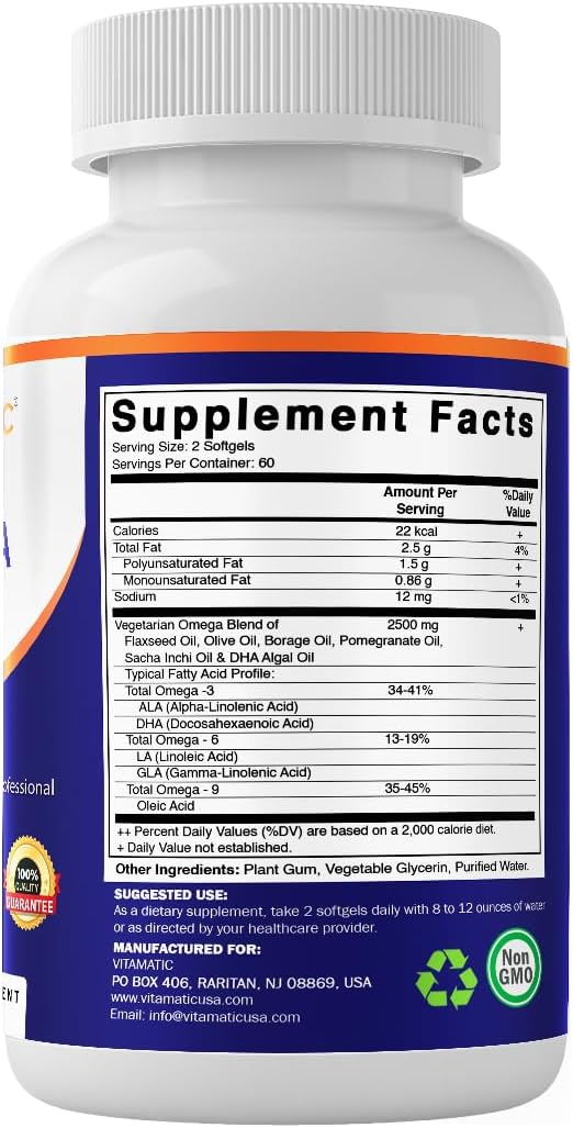 Vitamatic Vegan Omega 3-6-9 Complex 1250mg | Flaxseed, Olive, Borage & Algae Oils | Plant-Based Omegas | 120 Softgels