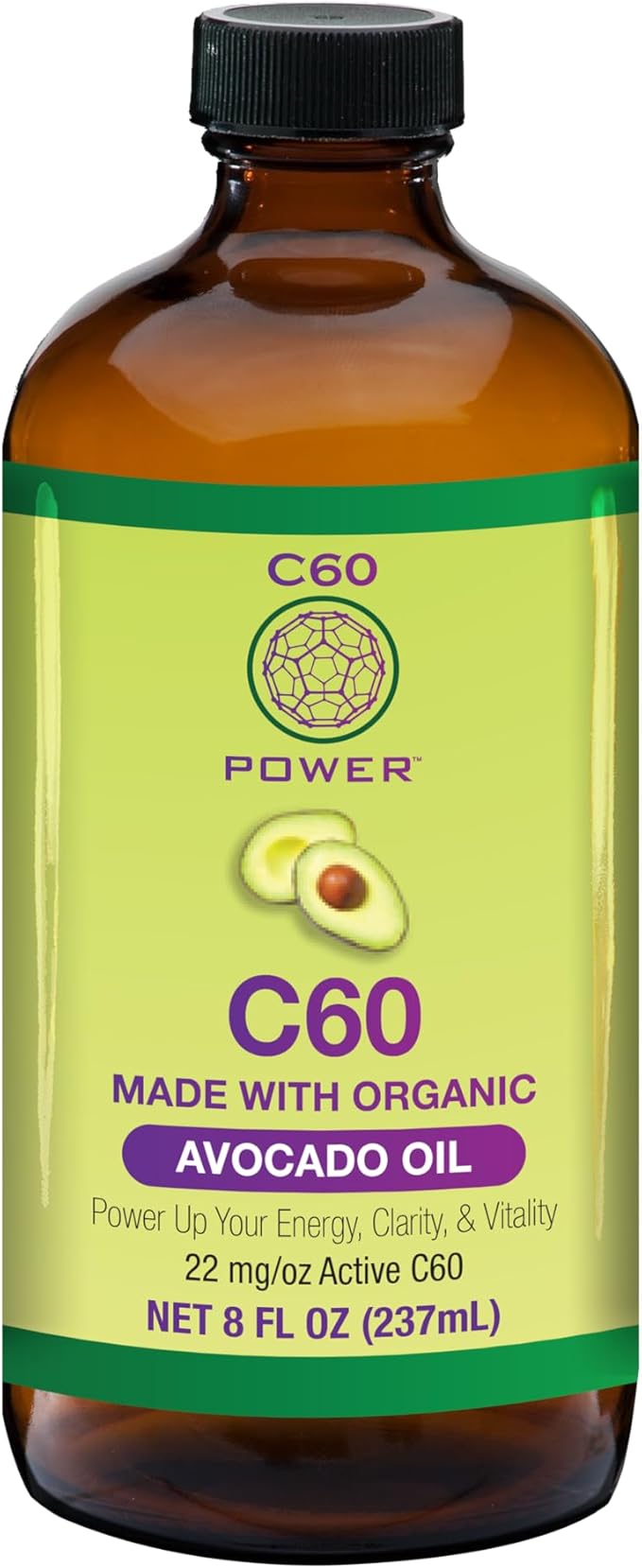C60 Power C60 in Organic Avocado Oil - Natural Wellness & Antioxidant Support for Men & Women, 99.99% Pure Carbon Fullerenes, Promotes Energy, Mental Clarity, & Stamina - 8 fl oz Bottle