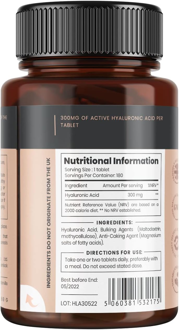 pureclinica Hyaluronic Acid 300mg x 1080 Tablets (6 Bottles of 180 Tablets - 3 Years Supply). Triple Strength Hyaluronic Acid. 300% Stronger Than Any Other HLA Tablet