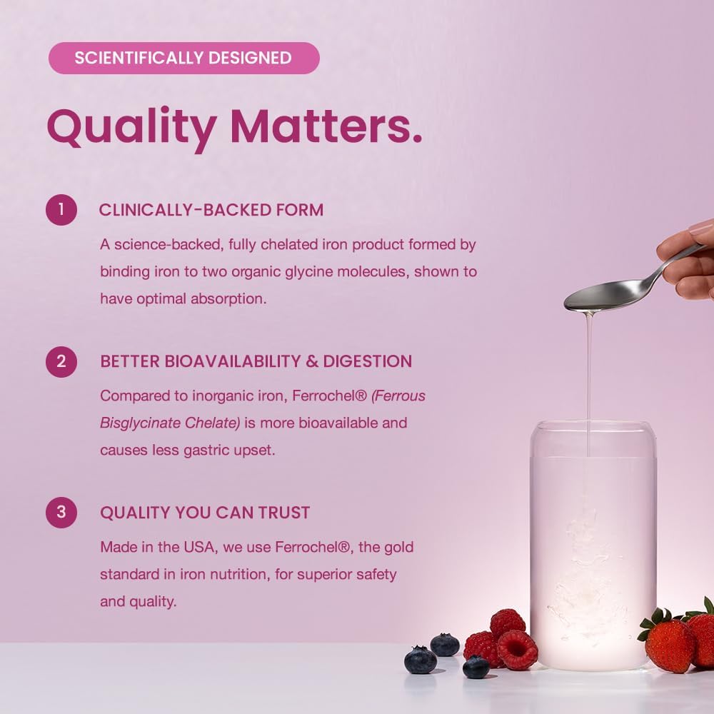 Organic Liquid Iron Supplement for Women, Men & Kids | Gentle Vegan Iron Supplements for Energy, Healthy Blood & Prenatal | Non Constipating, Sugar-Free Natural Berry Flavor, Ferrochel® & Vitamin C