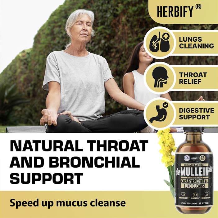 HERBIFY Mullein Drops - Lung Cleanse - Leaf Extract - Powerful Mullein for Immune Support, Detox & Respiratory Support - Made in USA - 4 Oz Vanilla Flavor