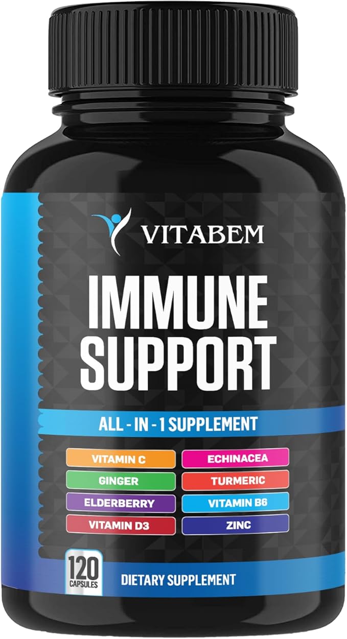 8 in 1 Immune Support Booster Supplement with Echinacea, Vitamin C and Zinc 50mg, Vitamin D 5000 IU, Turmeric Curcumin & Ginger, B6, Elderberry 120 Count (Pack of 1)
