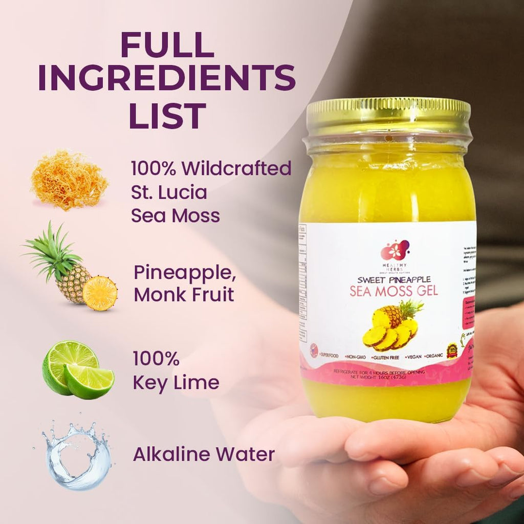 Healthy Herbs Sea Moss Gel (Sweet Pineapple) Wildcrafted from Jamaican St Lucia Gold Seamoss | Wild-Harvested Superfood With Over 90 Essential Vitamins & Minerals | Vegan, Non-GMO, US-Made (16 oz.)