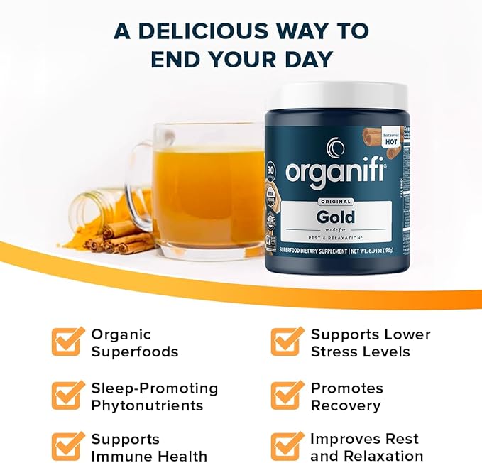 Organifi: Gold - Superfood Supplement Powder - 30 Servings - Stress Support, Better Rest, Relaxation and Promotes Restful Sleep - Turmeric and Reishi Infused