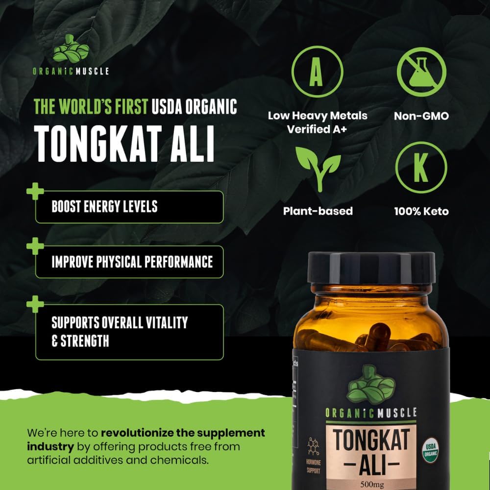 Organic Muscle Tongkat Ali for Men, 500mg - Pure & Potent USDA Eurycoma Longifolia Root Supplement 60 Count – Wild Grown Men's Health Hormone Support for Male Performance, Drive & Energizer
