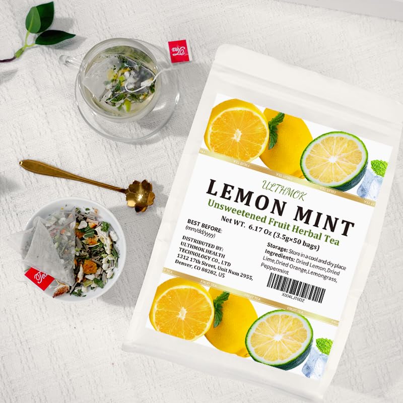 Premium 50 Lemon Peppermint Tea Bags, 100% Natural Lemon & Mint Leaves, No Additives & Caffeine Free.