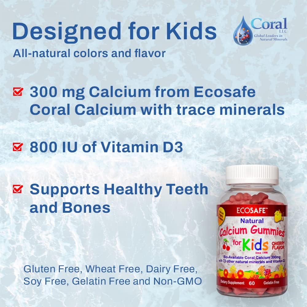 Coral Calcium Vitamin D3 Kids Gummy, Natural Cherry Flavor, Non GMO, Gluten-Free, Dairy-Free, Soy-Free and Gelatin Free - 300 mg of Calcium, and 800 IU of Vitamin D3-60 Gummies (4 Pack)