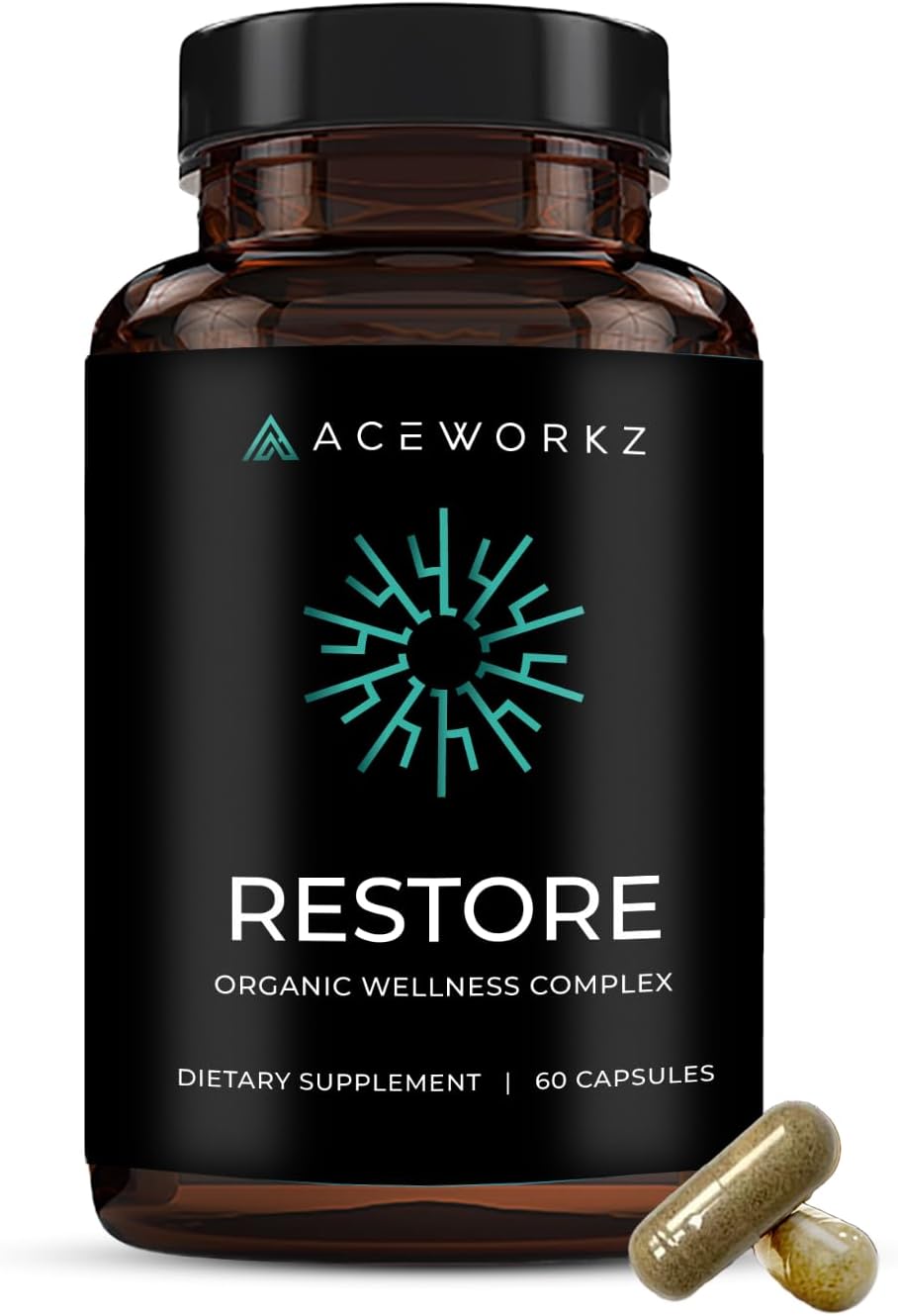 Restore Organic Sea Moss + Adaptogen Complex – Gut & Immune Support with Ashwagandha, Black Seed Oil & BioPerine® for Enhanced Absorption – Daily Wellness Formula for Stress & Energy (60 Capsules)
