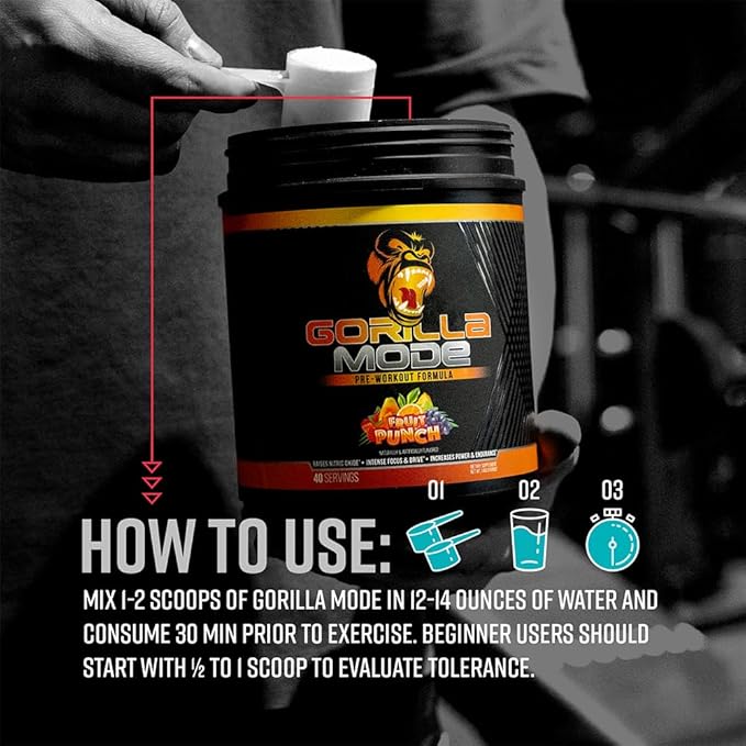 Gorilla Mode Pre Workout - Massive Pumps Laser Focus Energy Power - L-Citrulline, Creatine, L-Tyrosine, Betaine, Hydroprime, Alpha-GPC, 400mg Caffeine, Huperzine A 816g (Strawberry Kiwi)