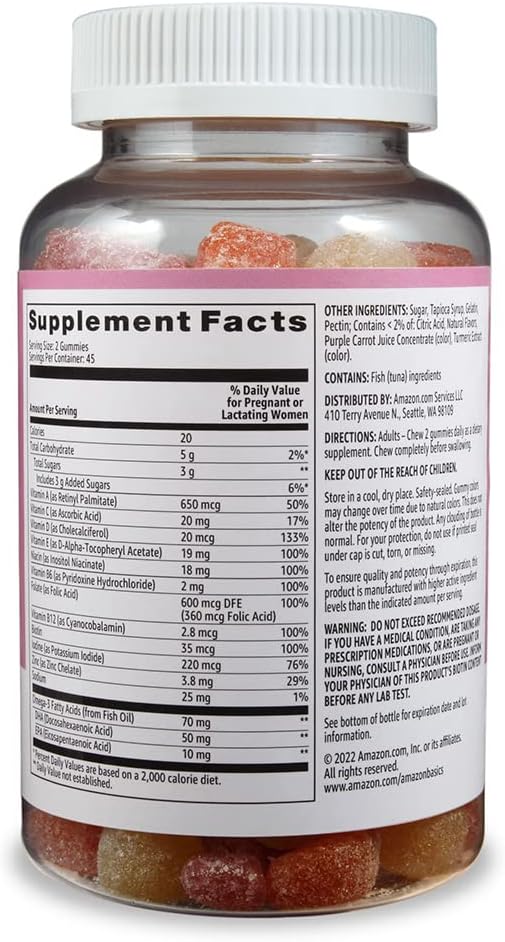 Amazon Basics Prenatal & DHA Gummy, Rasberry & Lemon Flavor, 90 Count (Previously Solimo)