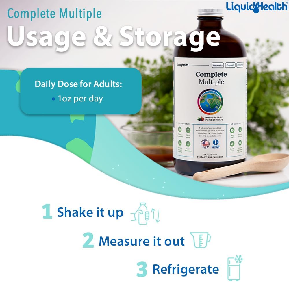 LIQUIDHEALTH Complete Multiple Adult Liquid Multivitamin - Essential Vitamins, Minerals & Nutrients, Immune Support, Gut Health, Energy, Detox - Made in USA, Vegan, Non-GMO, Sugar-Free (3 Pack)