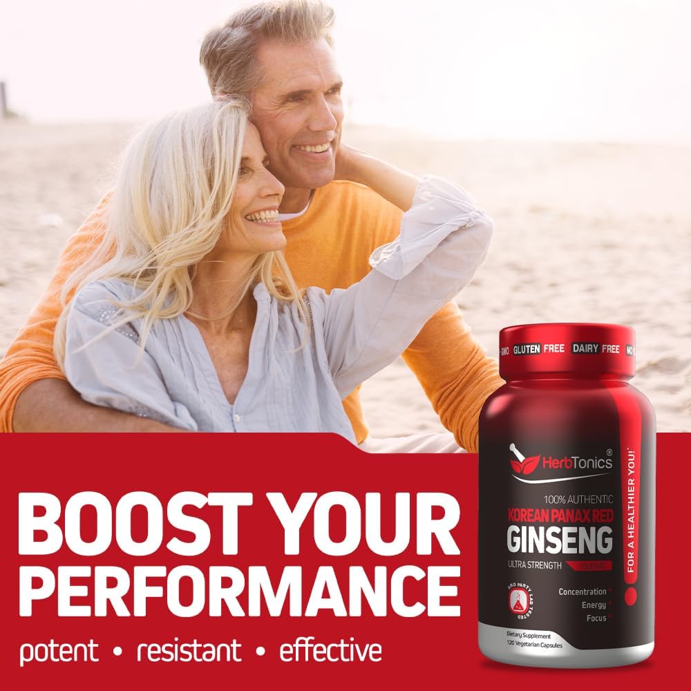 Herbtonics Korean Red Panax Ginseng 1500mg - Energy Supplement for Peak Performance, Focus & Vitality - High Potency Ginseng Root Extract - 240 Vegan Capsules