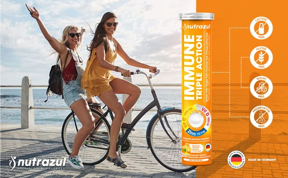 nutrazul Immune Triple Action Effervescent Tablets - Vitamin C 1000 mg, Vitamin D 400 IU, Zinc 10mg I Orange (Pack of 5X20) | Gluten Free, Sugar Free, Lactose Free & Preservative Free