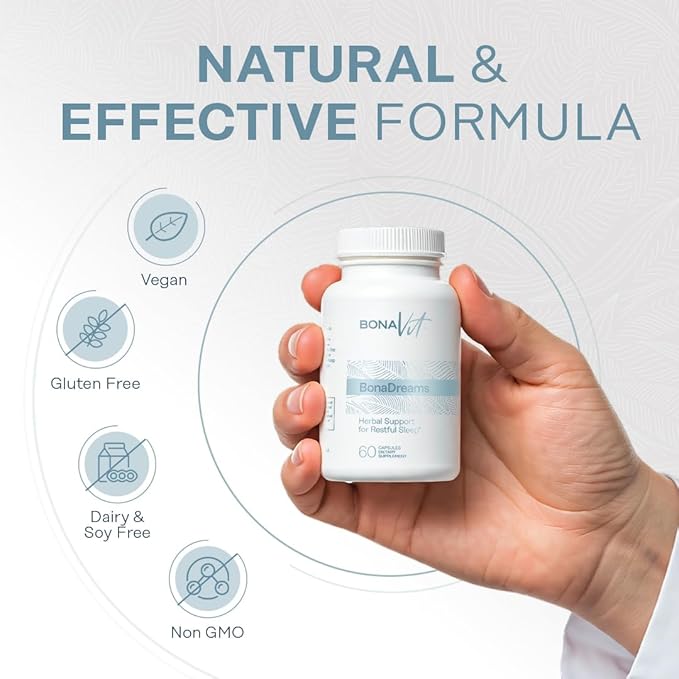 Natural Sleep Aid - with Melatonin 5mg, Valerian, L-Tryptophan & L-Theanine - Sleep and Wellness Supplement - Natural Vegan Supplement with no Additives - 30 Servings - BonaDreams