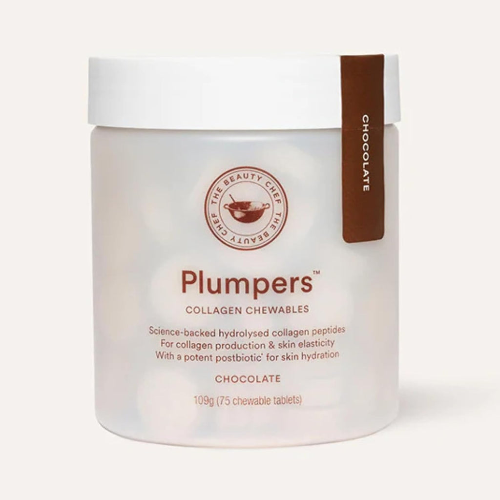 The Beauty Chef Plumpers™ Collagen Chewable Tablets with Hyaluronic Acid & Postbiotic, Supports Skin Elasticity & Collagen, Women's Multivitamin, Collagen Peptides, 75 Tablets (Chocolate)
