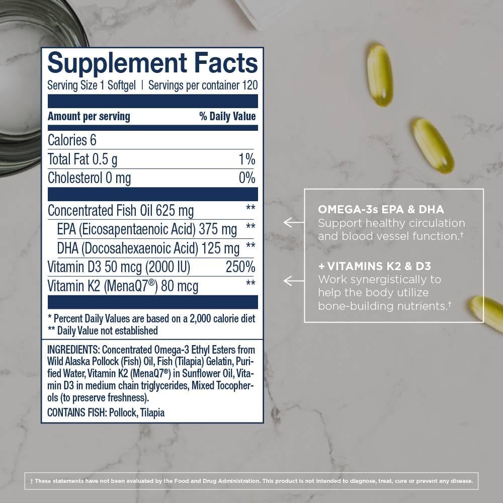 Wiley's Finest Wild Alaskan Fish Oil Vitamin K2 & D3 Softgels - 500mg of EPA and DHA Omega-3s for Bone and Heart Health Support - 120 Softgels (120 Servings)