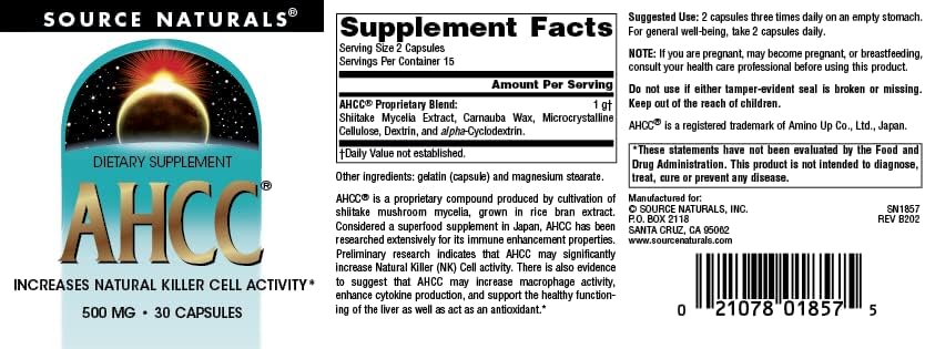 Source Naturals AHCC 500 mg Increases Natural Killer Cell Activity* 500mg - 30 Capsules