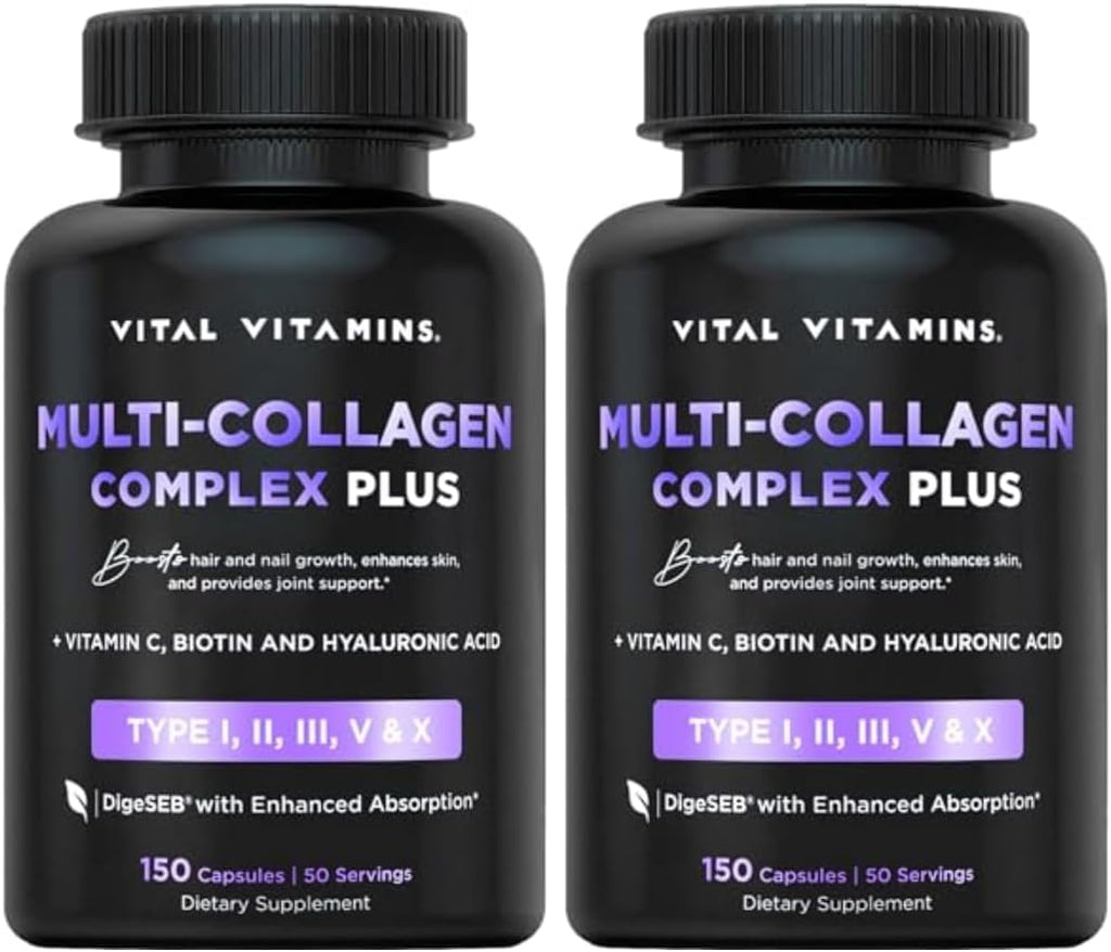 Vital Vitamins Multi Collagen Plus (2-Pack) - with Biotin, Hyaluronic Acid, Vitamin C - Type I, II, III, V, X - for Women & Men - Hair, Skin, Nails Beauty Complex - 300 Capsules