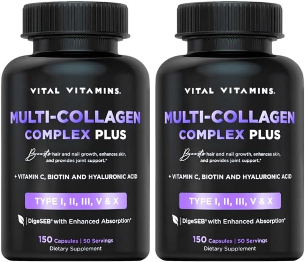 Vital Vitamins Multi Collagen Plus (2-Pack) - with Biotin, Hyaluronic Acid, Vitamin C - Type I, II, III, V, X - for Women & Men - Hair, Skin, Nails Beauty Complex - 300 Capsules