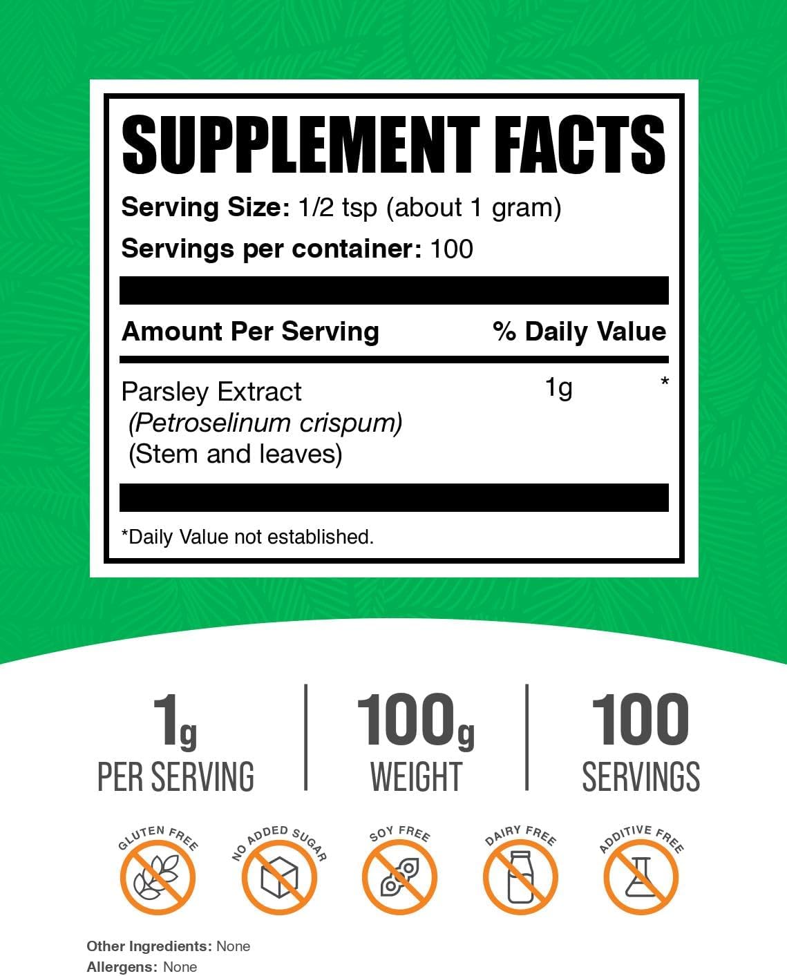 BulkSupplements.com Parsley Extract Powder - Parsley Supplement, Antioxidant Source, Herbal Supplement - Gluten Free, 1g per Serving, 100g (3.5 oz) (Pack of 1)
