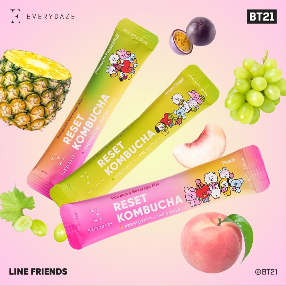 EVERYDAZE BT21 Reset Kombucha Tea Powdered Beverage Mix | 30 Variety Pack | Pineapple Passion Fruit, Peach, Green Grape | Vegan | Prebiotics + Probiotics | No Added Sugar, Low Calorie, Gluten-Free
