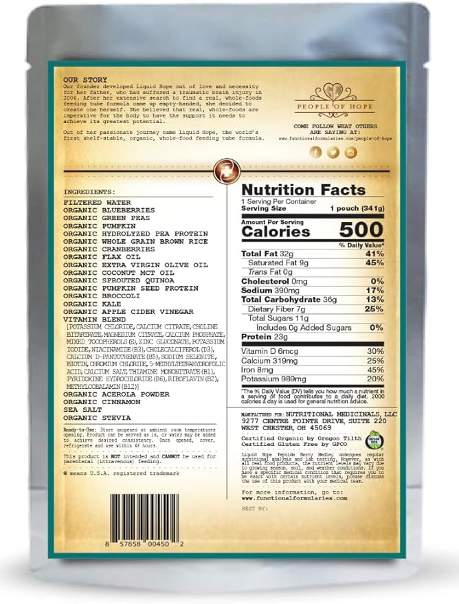 FUNCTIONAL FORMULARIES Liquid Hope Orgainc Peptide, Berry Medley, Tube Feed Formula, 23 g Protein, 7g Fiber, Meal Replacement, 12 Oz (24 Pack)