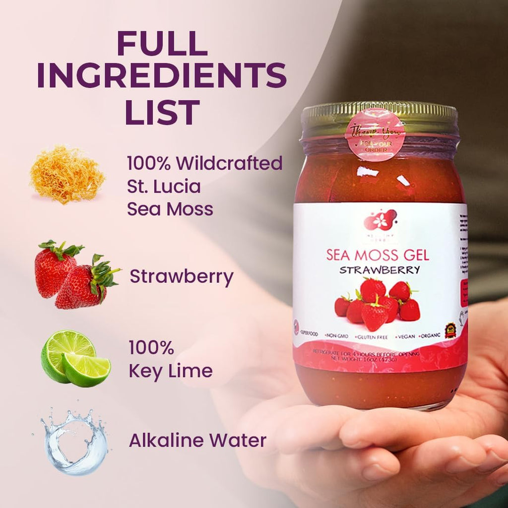 Healthy Herbs Sea Moss Gel (Strawberry) Wildcrafted from Jamaican St Lucia Gold Seamoss | Wild-Harvested Superfood with Over 90 Essential Vitamins & Minerals | Vegan, Non-GMO, US-Made (16 oz.)