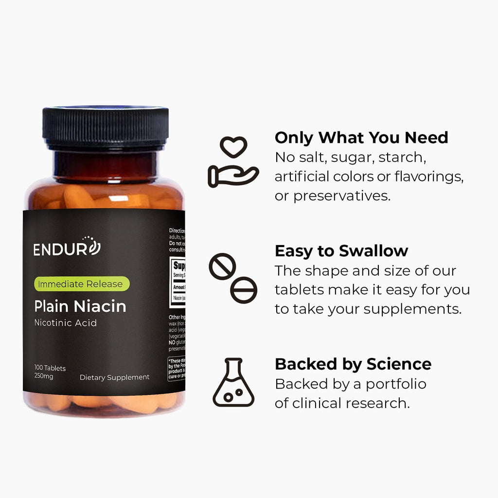Endur Plain Niacin (Nicotinic Acid), Heart Health & Healthy Cholesterol Balance Supplement, Immediate-Release Formula, Gluten Free, 250mg (100 Tablets)
