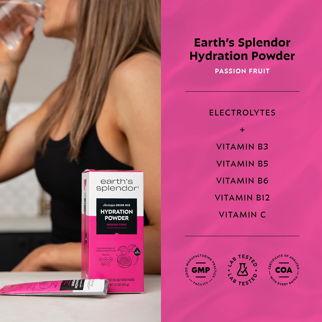 Earth’s Splendor Electrolytes Powder Packets Passion Fruit Hydration Drink Mix Sticks with Essential Vitamins for Energy & Sports Performance Travel-Friendly Single-Serve Packets for Daily Use 10 Pack