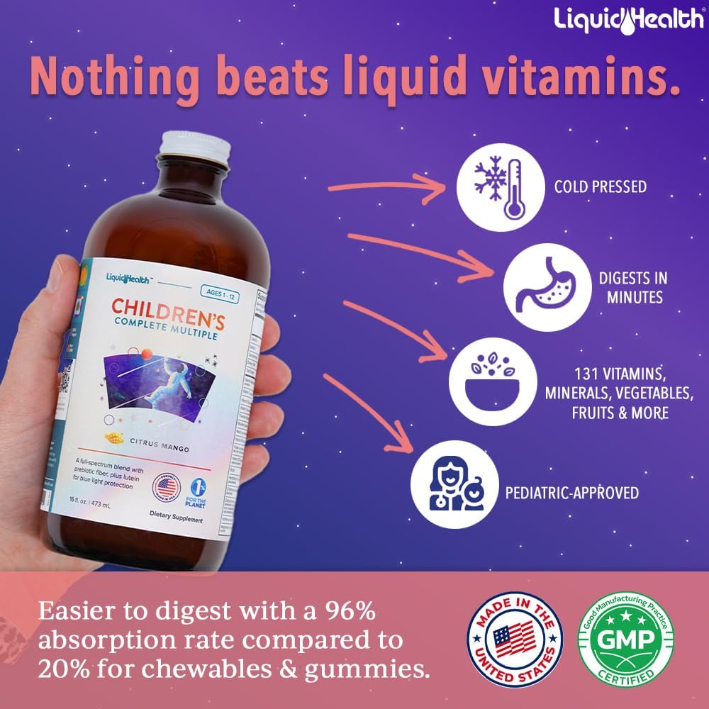 LIQUIDHEALTH Children's Complete Liquid Multivitamin for Kids, Toddlers - Essential Vitamins, Nutrients & Minerals, Immune Support, Gut Health - Made in USA, Vegan, Non GMO, Sugar-Free (16 oz)