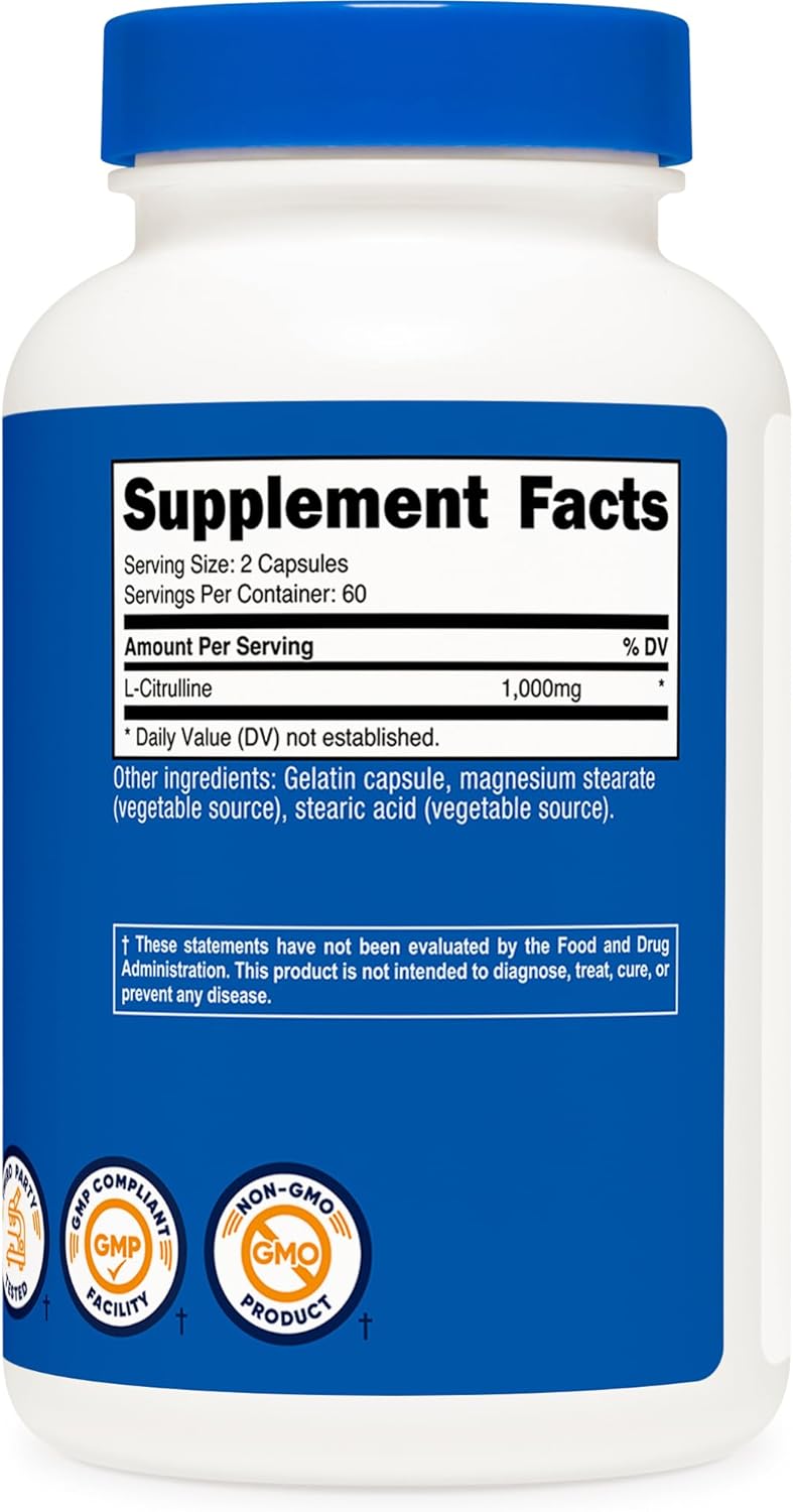 Nutricost L-Citrulline 500mg, 120 Capsules - Gluten Free, Non-GMO, 1000mg Per Serving (60 Serv)