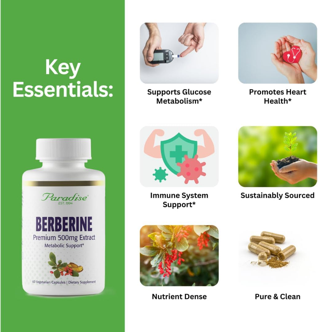 Paradise Herbs, Berberine Extract, 500 mg, Pure & Potent Berberine Supplement, Vegan, Non-GMO, Gluten Free, 60 Vegetarian Capsules