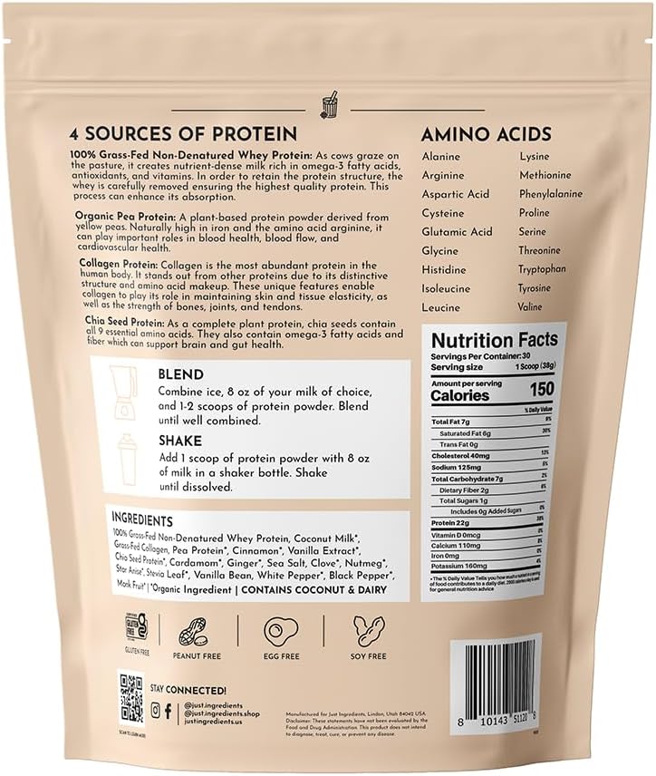 JUST INGREDIENTS Chai Protein Powder – 30-Serving Blend with 100% Grass-Fed Whey & Organic Plant Proteins – Warm Spice Flavor with Cinnamon, Ginger & Cardamom – Supports Muscle Recovery, Energy*