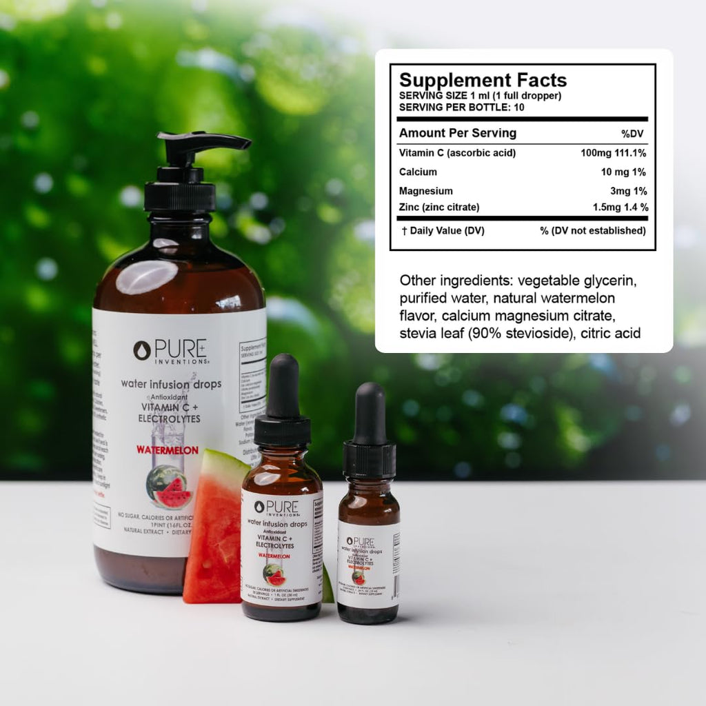 Pure Inventions - Watermelon Water Infusion Drops - Antioxidants, Vitamin C & Electrolytes - Health & Wellness Drink - Immunity Support -Sugar Free, Zero Calorie, No Artificial Sweeteners -12 Servings