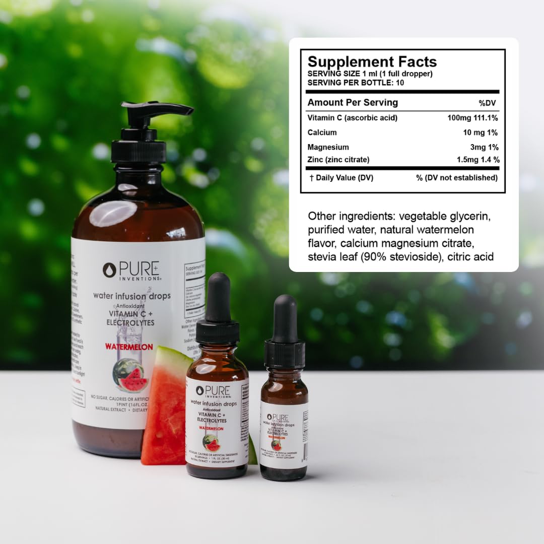 Pure Inventions - Watermelon Water Infusion Drops - Antioxidants, Vitamin C & Electrolytes - Health & Wellness Drink - Immunity Support -Sugar Free, Zero Calorie, No Artificial Sweeteners -12 Servings