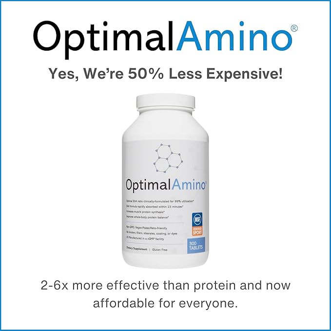 OptimalAmino Tablets (300 Count) | 99% Utilized Essential Amino Acid (EAA) Supplement, Increase Muscle Recovery, BCAA Protein Pre/Post Workout | NSF Certified for Sport® Certified